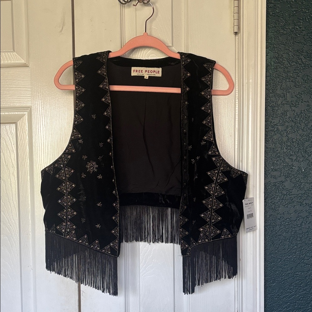 Free People Black and Silver Patterned Fringe Vest